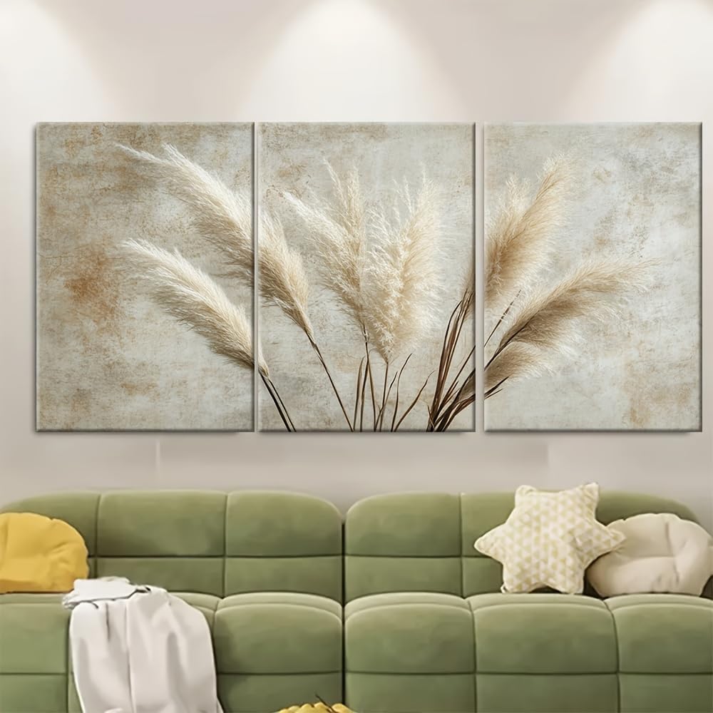 IXEHOH Pampasgras 3 Teilig Leinwandbilder Groß Wandbilder Wohnzimmer Boho Beige Wanddeko Neutral Kunstdrucke Modern Bilder Wand Dekoration Aesthetic Wall Art Posters & Prints 70x100cmx3