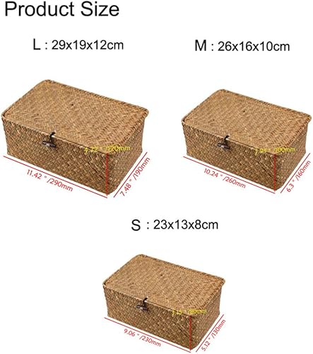 Miniatura 6 de IMIKEYA Cestas de algas marinas con tapas cesta tejida de almacenamiento de pastos marinos, cesta tejida de paja cesta de almacenamiento de ratán de