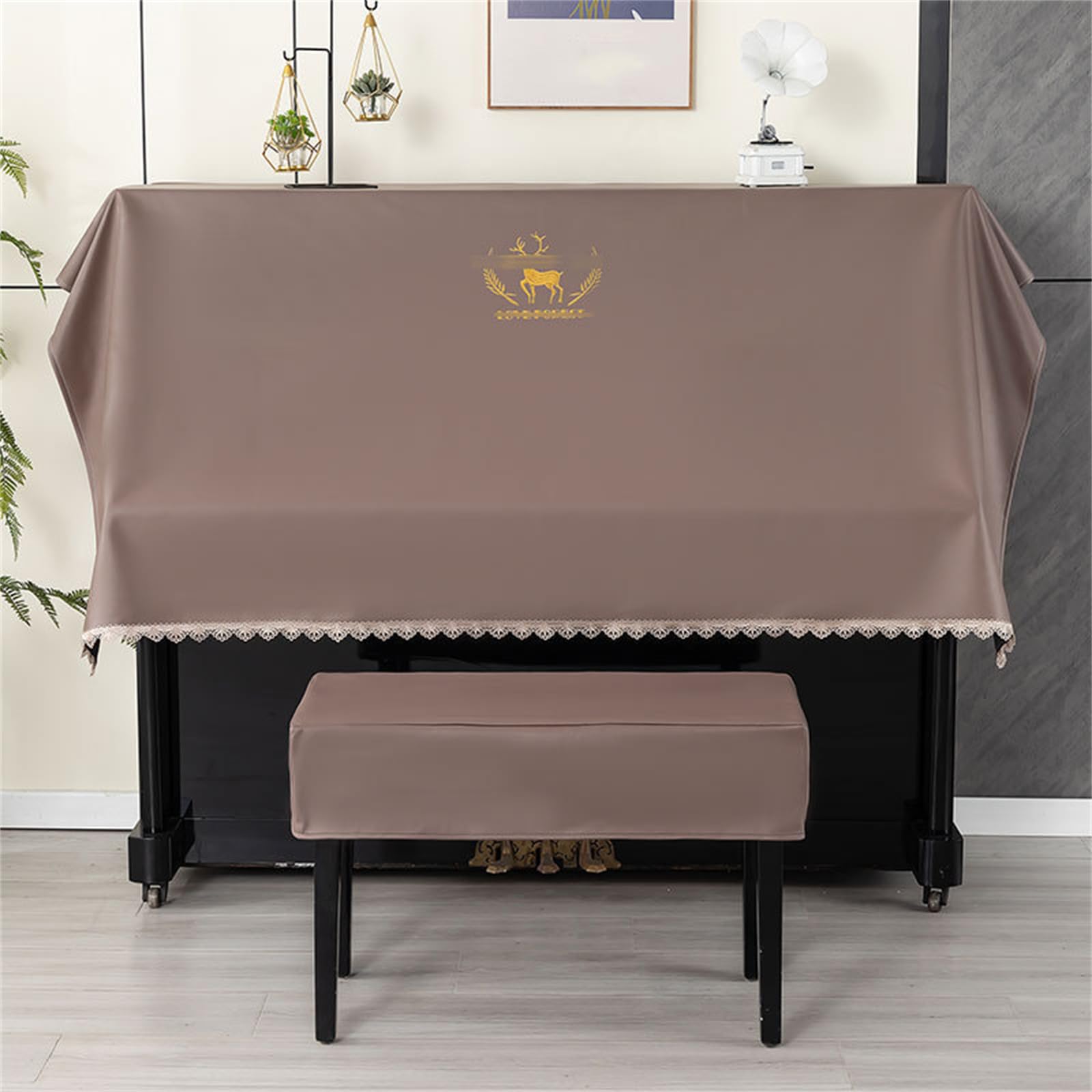 Telo Copri-Polvere per Pianoforte, Copri-Tasti per Pianoforte, Copri-Sgabello, Copertura Protettiva Universale per Pianoforte Verticale, Mezza Copertura con Ricamo di Cervo, Copertura protet