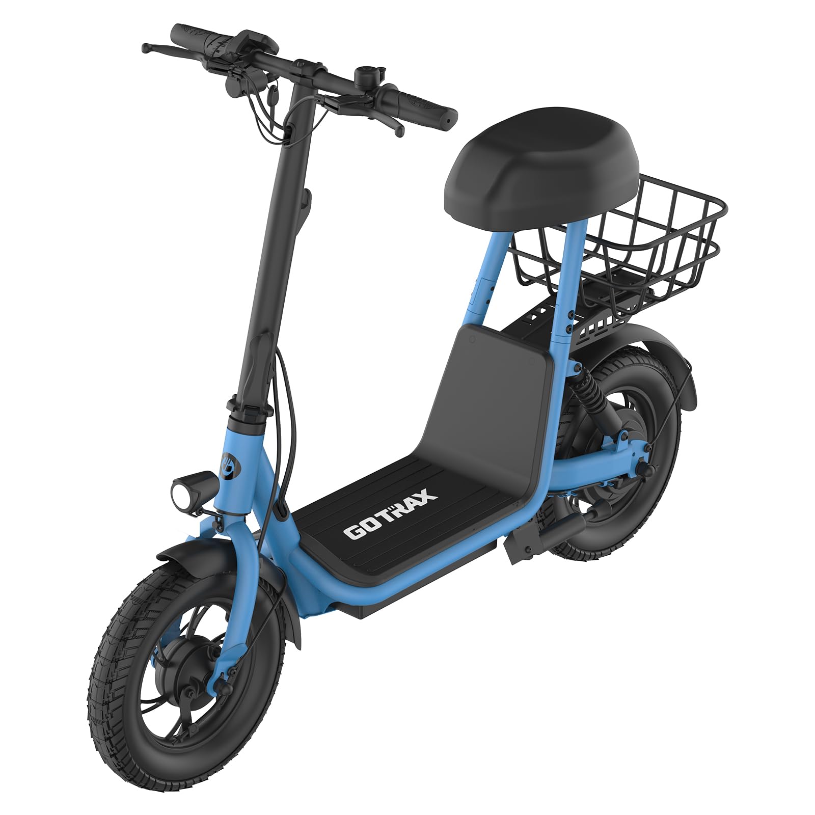 Gotrax A5 Electric Scooter w/Seat for 13+, 12" Pneumatic Tire, Max 15.5 Miles &15.5 Mph Power by 400W Motor, Dual Rear Shock Absorber &Dual Brake, Comfortable Wider Seat & Carry Basket & Hook, Blue
