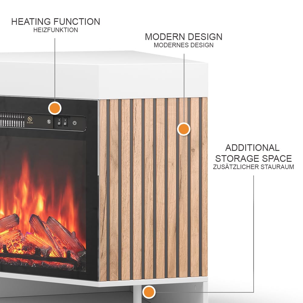 Vicco Caminetto elettrico "Lynea", Bianco, 100 cm con effetto fiamma realistico e riscaldatore da 1800W, installabile a parete con telecomando e temperatura regolabile