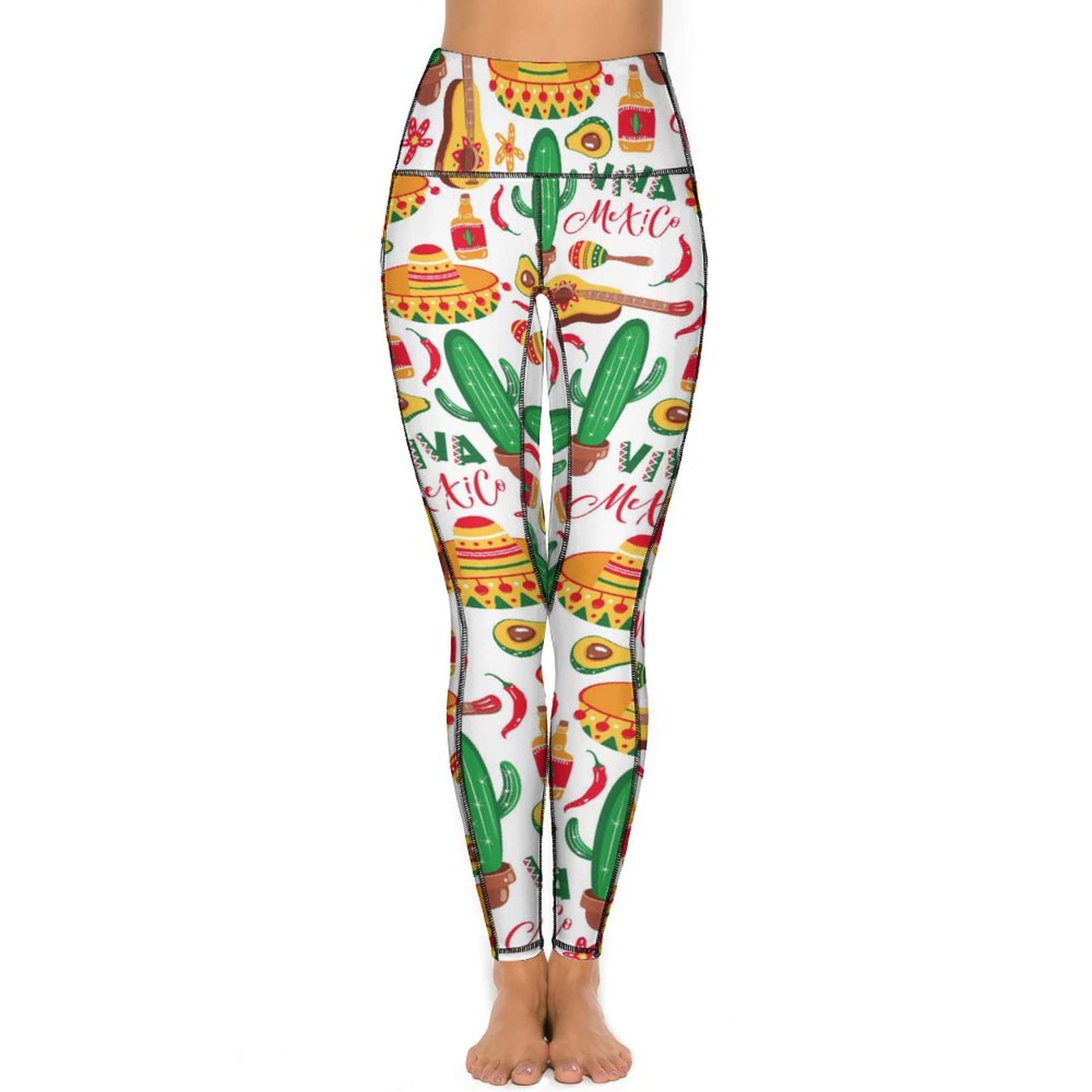 SpypkomMexican Cactus Floral Pattern High Waist Yoga Pants Stretchy Pants Skinny Leggings for Running Gym Sports