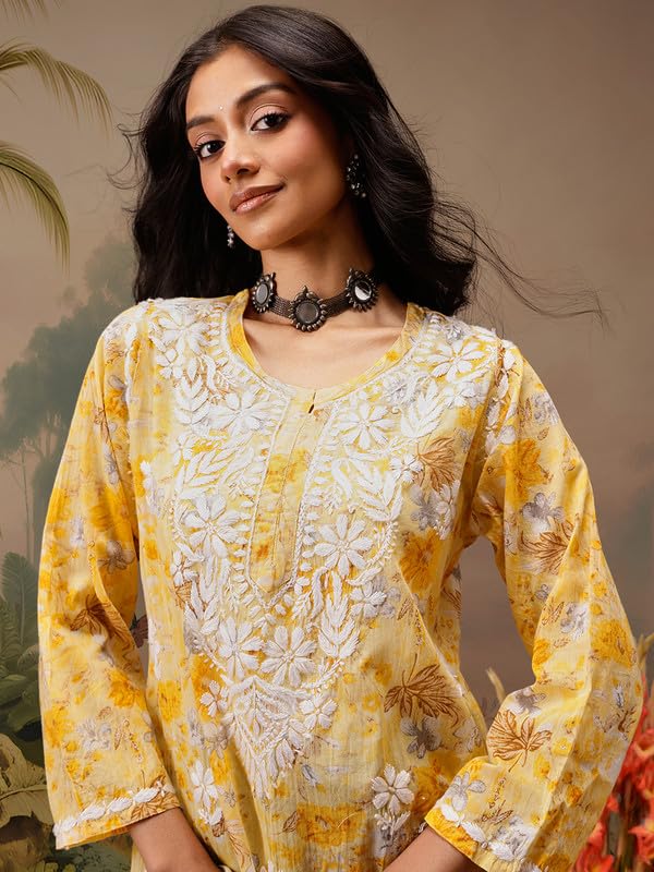 Image of Ada Hand Embroidered Lucknowi Chikankari Cotton Top for Women A911454 | Lucknowi Short Kurta Kurti Tunic Casual Wear Ethnic Wear Chikan Work Straight handcrafted top Kurti for Office