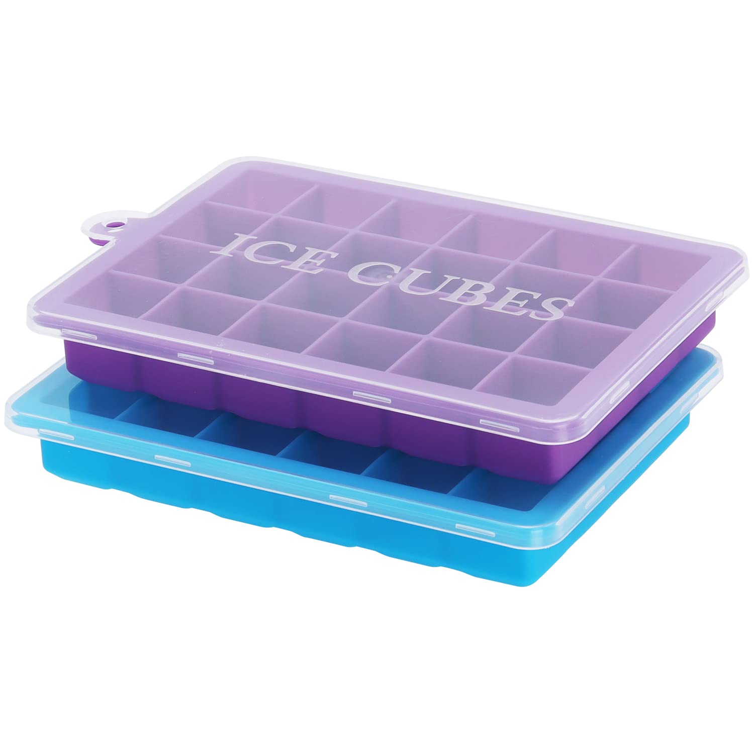 Docik Silicone Ice Cube Tray with Lid, Easy Release, BPA-Free, 24-Cube Trays (2 Pack, Blue/Purple)