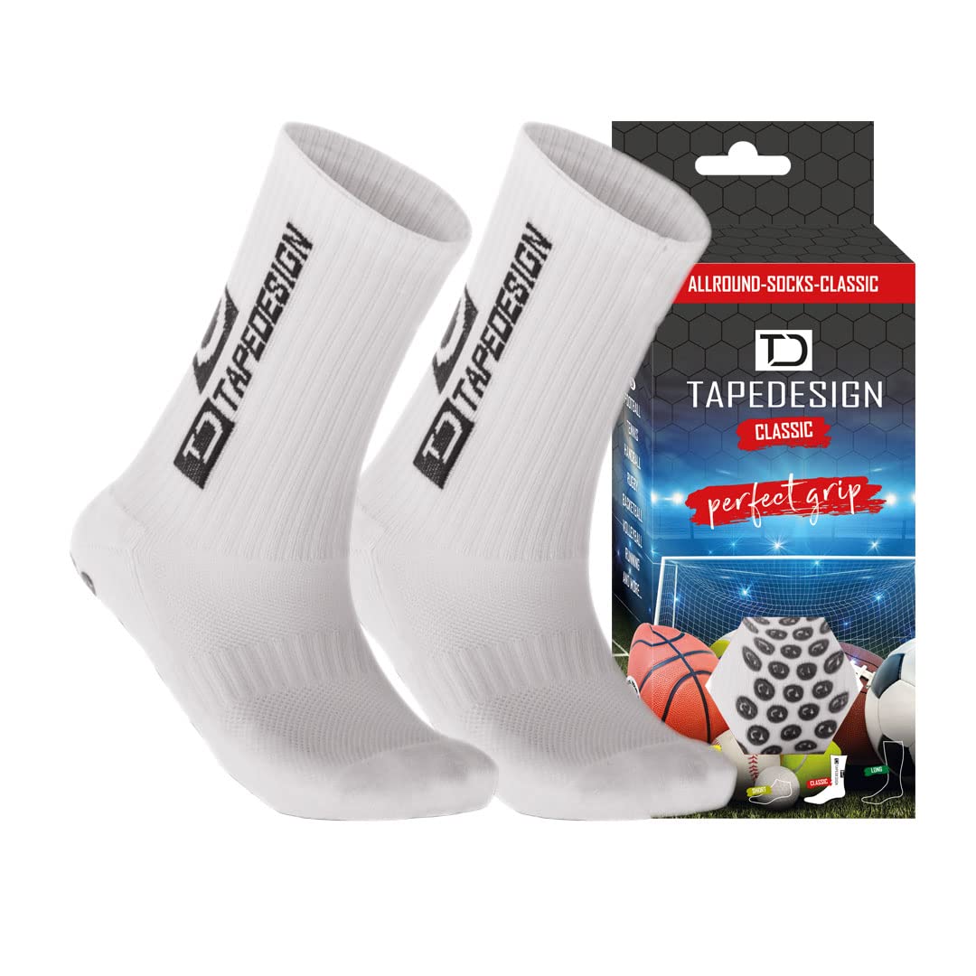 Tapedesign Unisex Allround Classic Socken, Weiß, Einheitsgröße EU & Schienbeinschonerhalter Grip Tapes aus Silikon, Fußball Männer, Frauen, Weiß - Halterung für Fussball Stutzen, Stutzentape