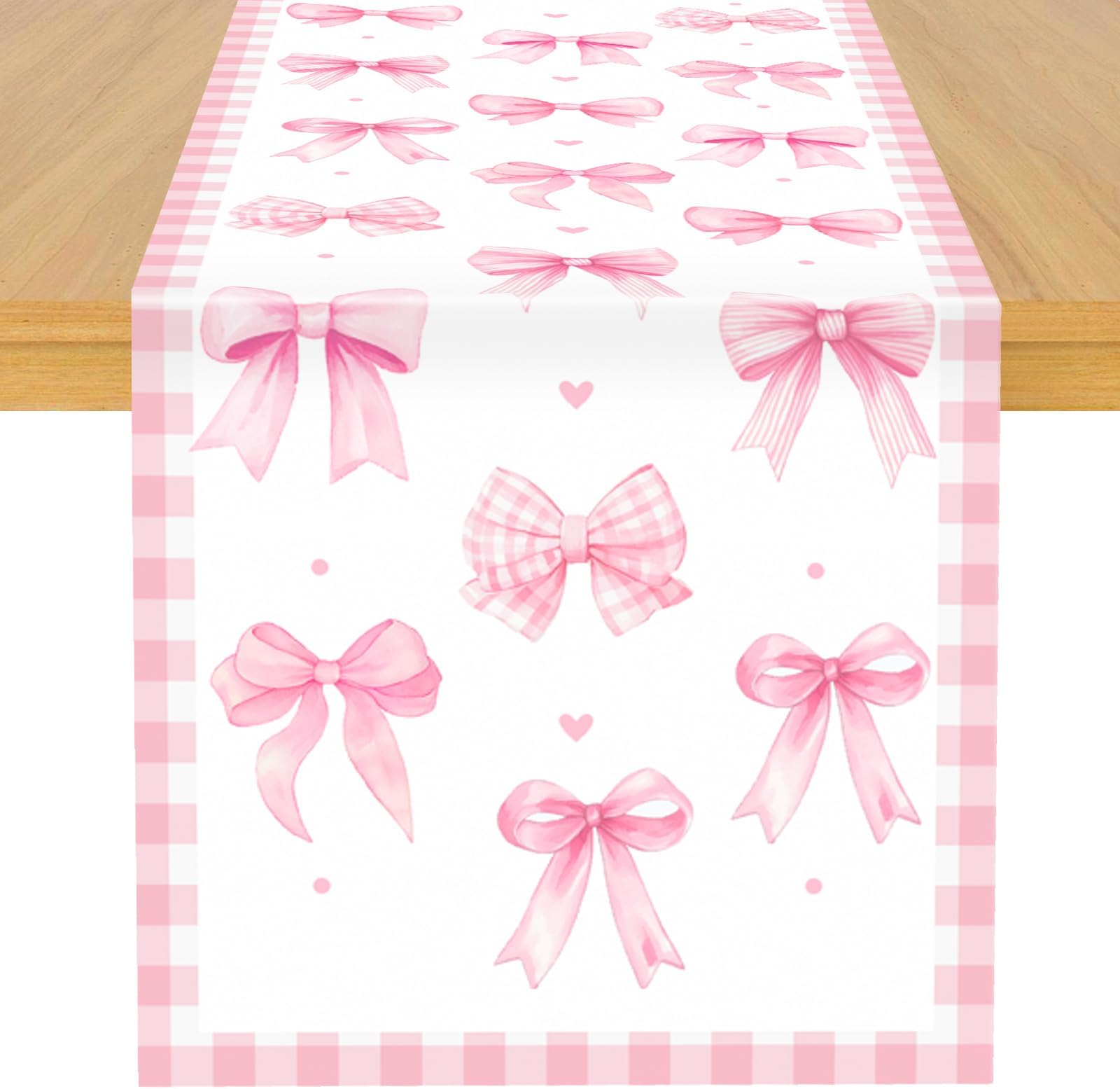 Pink Bow Theme Table Runner, Pink Linen Fabric Table Runner for Everyday Use 72 x 13 Inches, Washable Table Cover for Indoor Outdoor Kitchen Dining Table Home Decor