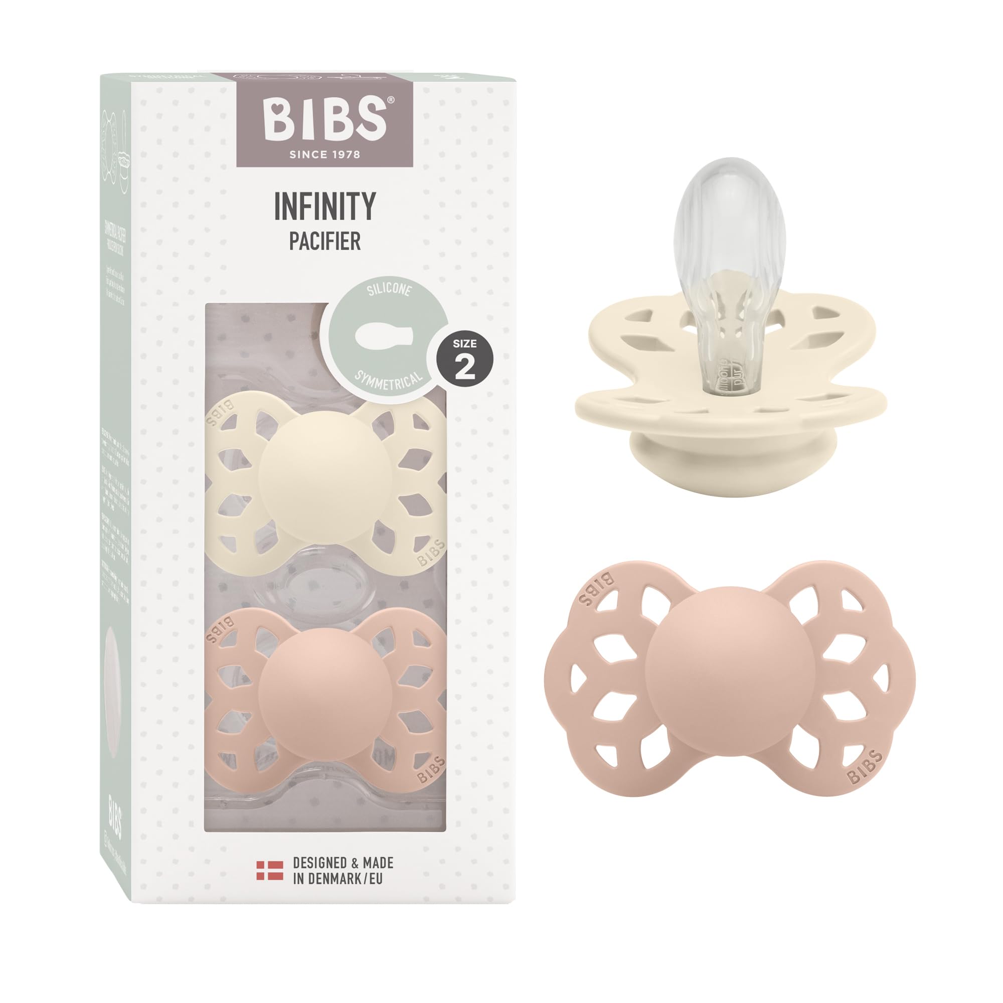 BIBS Infinity Symmetrical Soother 2-Pack, BPA Free, Symmetrical Nipple, Silicone, Symmetrical Nipple. Silicone, Made in Denmark, 6-18 Months (Pack of 2), Ivory/Blush