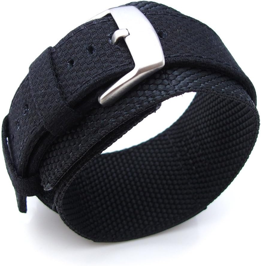 MiLTAT Double Layer Nylon 20mm Black Watch Strap, Fastener, Brushed Buckle