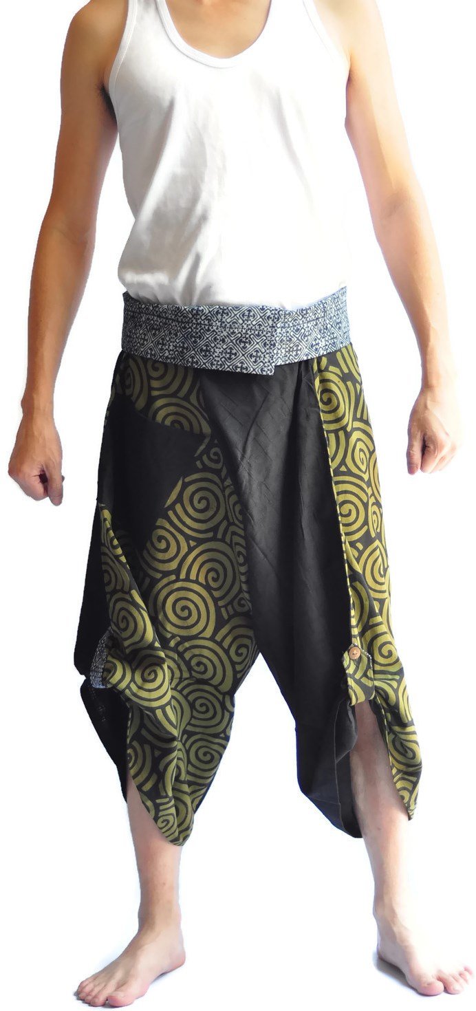 Siam Trendy Unisex Thai Fisherman Pants Yoga Trousers Free Size Cotton Black Circle Green Design