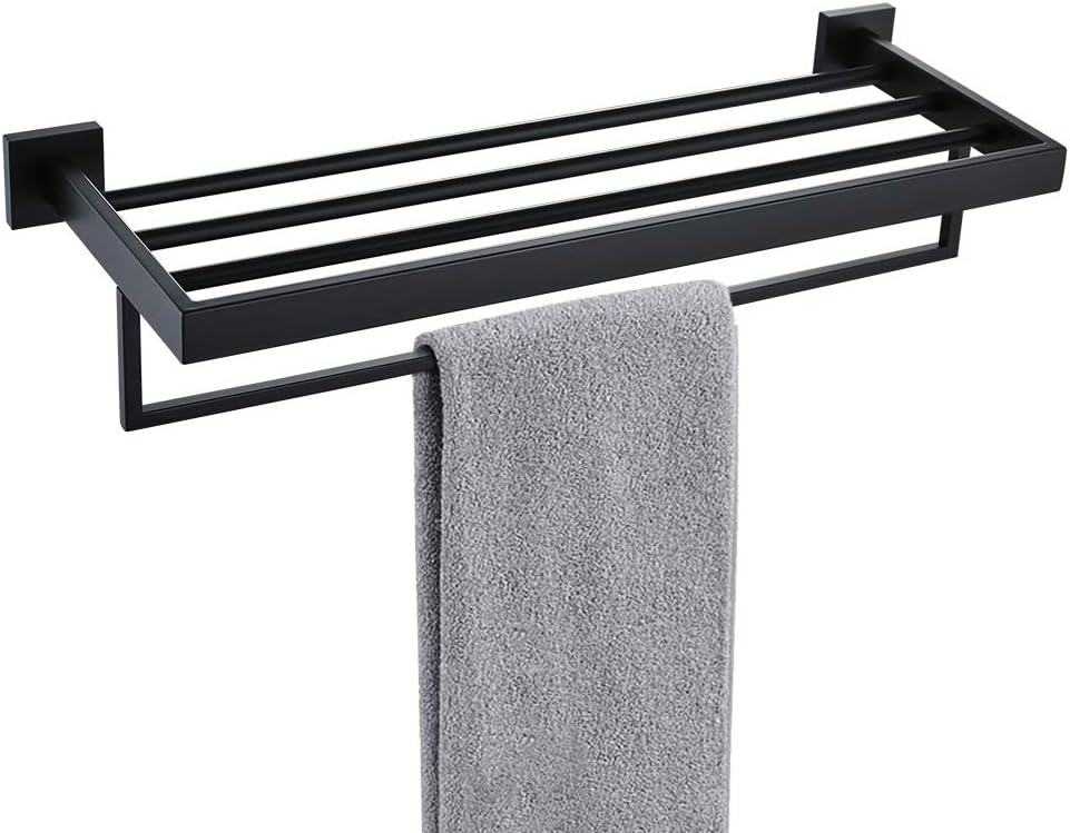 TURS Bathroom Towel Rack Black Towel Shelf with Towel Bar 2 Layers Bath Towel Holder Wall Mount