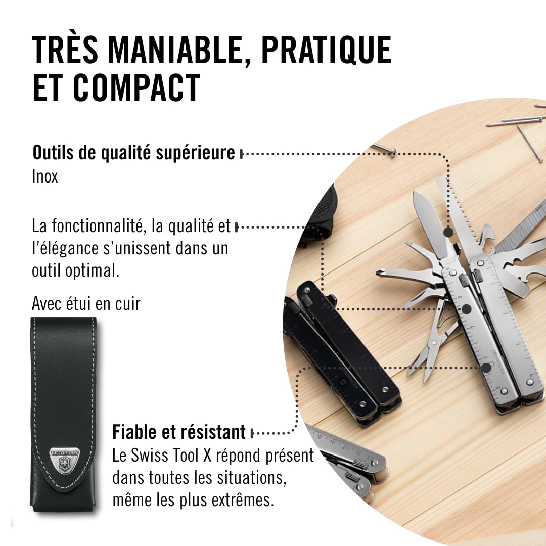 Victorinox Outil Multifonction Swiss Tool X, 26 Fonctions, Swiss Made, Outil Multifonction avec Lame Blocable, y c. Étui en Cuir, Argent