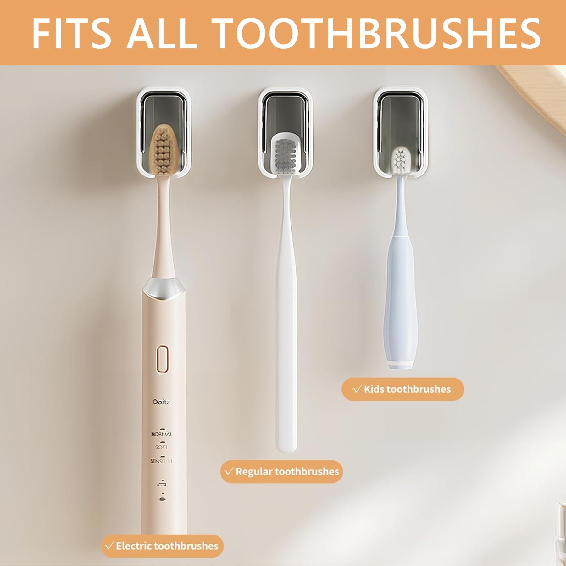 Toothbrush Holders for Bathroom - 3 Pack, Wall Mounted with Cover, Space-Saving Single Slot Toothbrush Holder for Shower, Family & Travel - 5