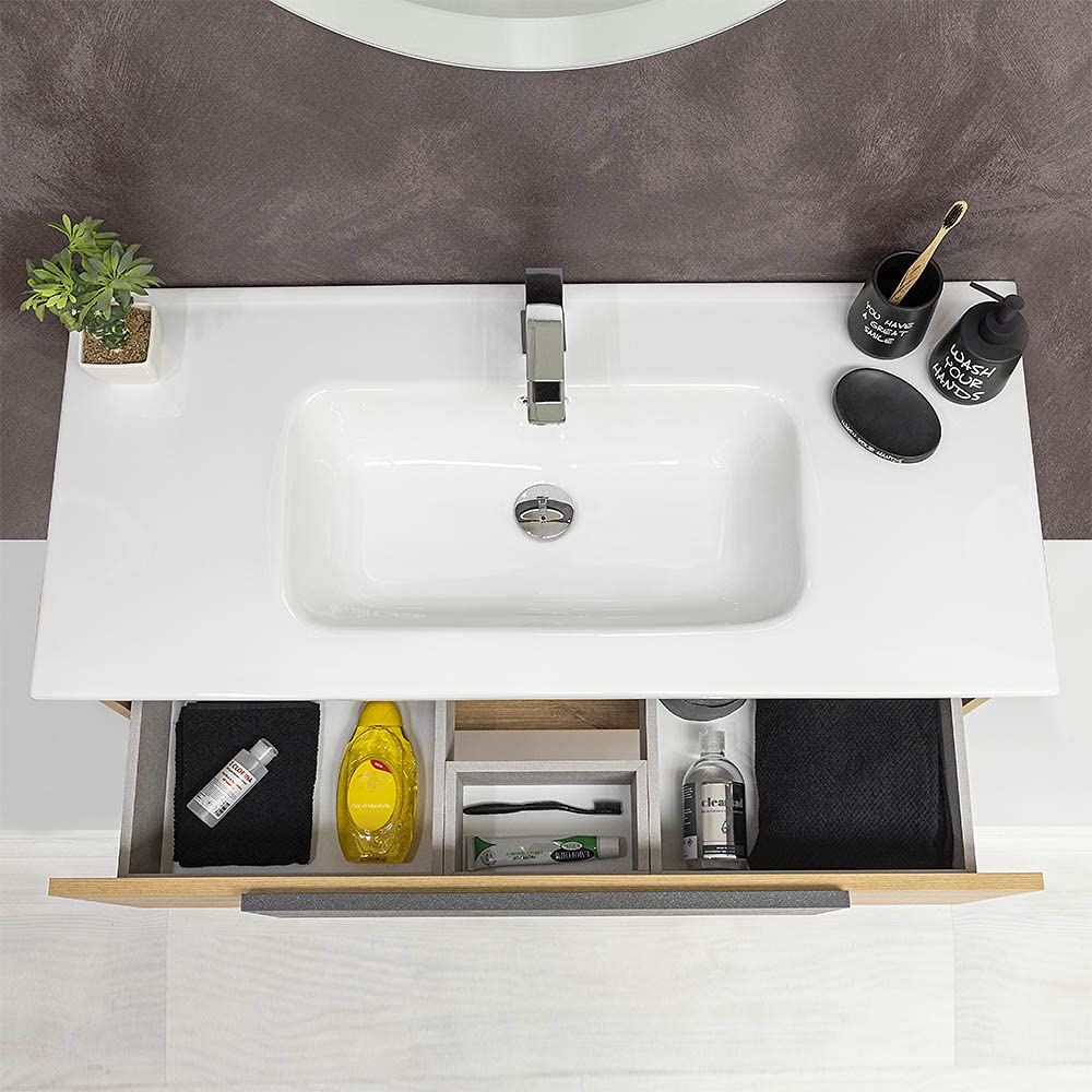 Lavabo consolle da Incasso su Mobile, Rettangolare in Ceramica Bianco Lucido, con Foro troppopieno