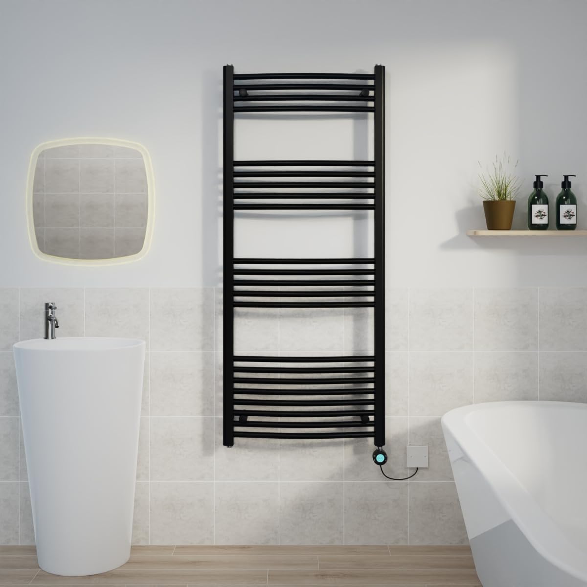 Warmehaus Electric Heated Towel Rail Curved Black Thermostatic Bathroom Towel Radiator with Timer Prefilled - 1400x600mm 800W