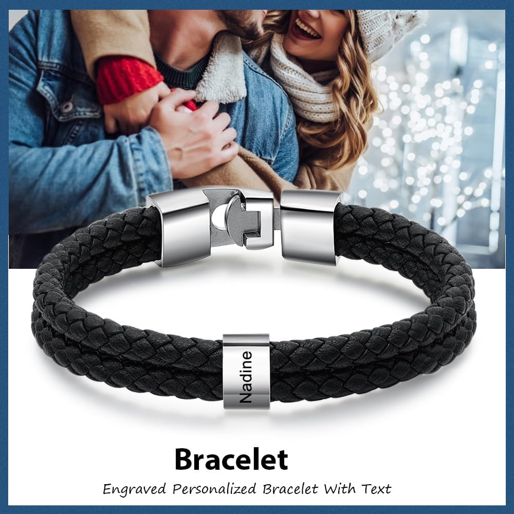 Customized Men's Bracelet with 1-8 Names Personalized Bracelet for Men Braid Leather Bracelet with Family Names Fathers Gifts for Dad Men Grandpa