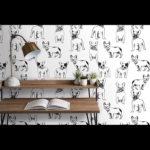 Miniatura 9 de Papel tapiz de grado comercial Swatch  Bulldog francés Negro Blanco Perros Frenchie Monocromo Lindo Cachorro Tradicional Papel pintado por