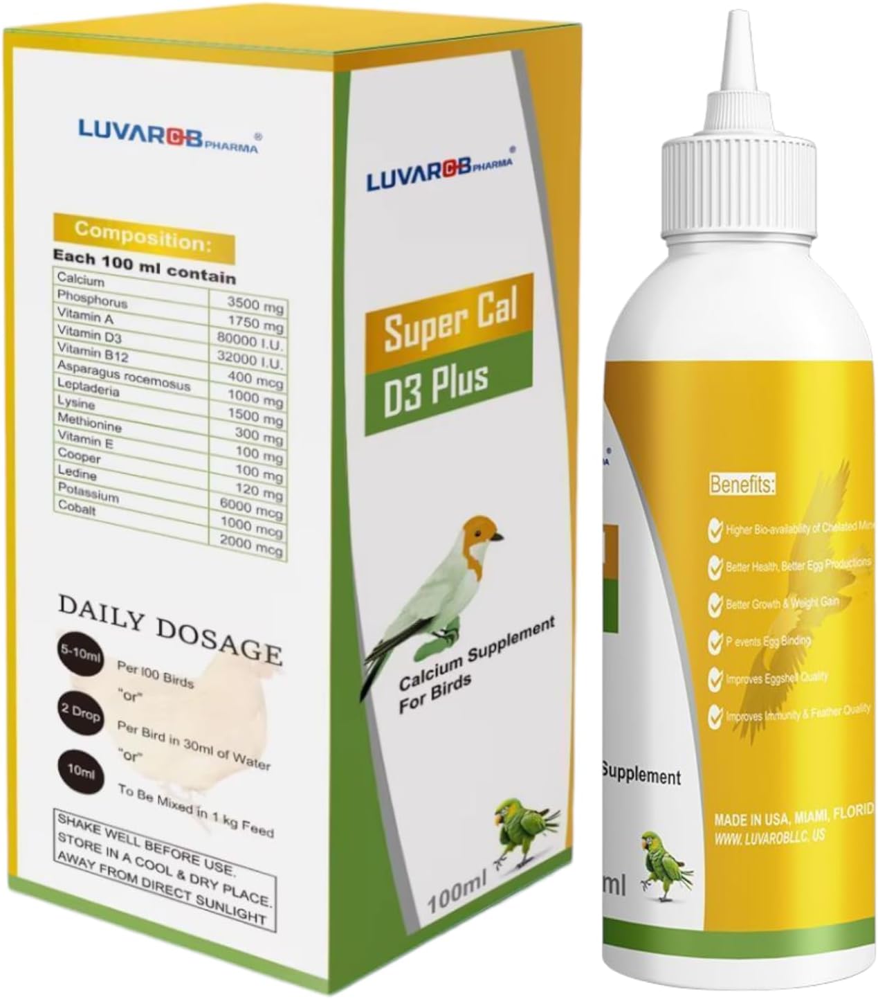 Calcium Supplement for Birds + Vitamin D3 for Strong Eggs, Immunity and Feather Quality, Strong Bones Liquid Vitamin Extra Strenght 100 ml for Pigeons,Parrots, Birds