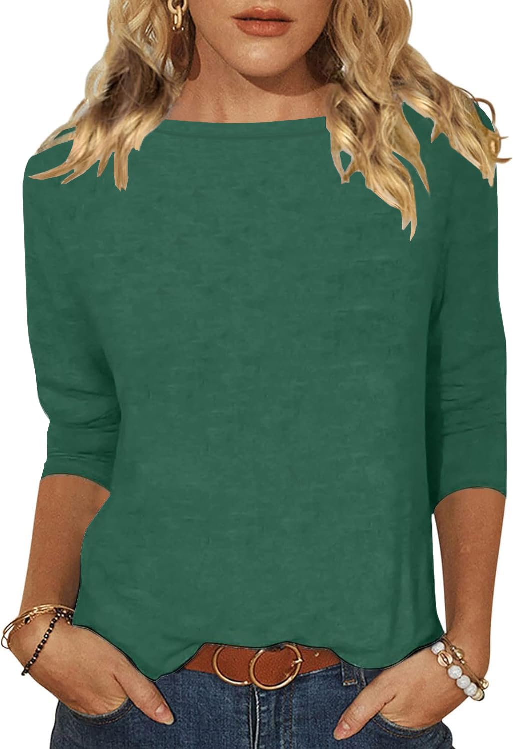 Minetom Tshirt Damen 3/4 Arm Shirt U-Boot Ausschnitt Leichte Pullover Tops Basic Oberteil Sommer Herbst