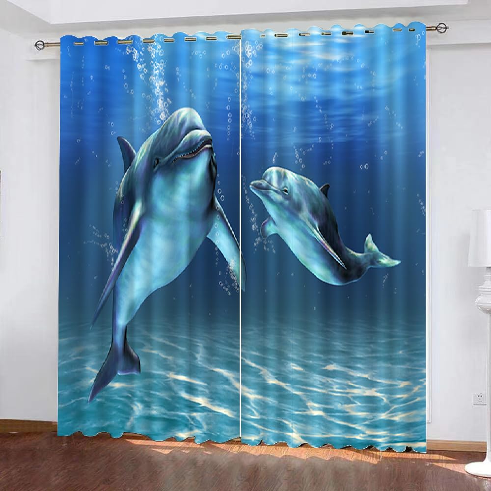 MARBRE 3D Dolphin Blackout Curtains Polyester Fabric 2 Panels 132x214cm Thermal Insulated Room Darkening Eyelet Curtain Ocean Animal Window Drapes for Home Decoration(17-10)