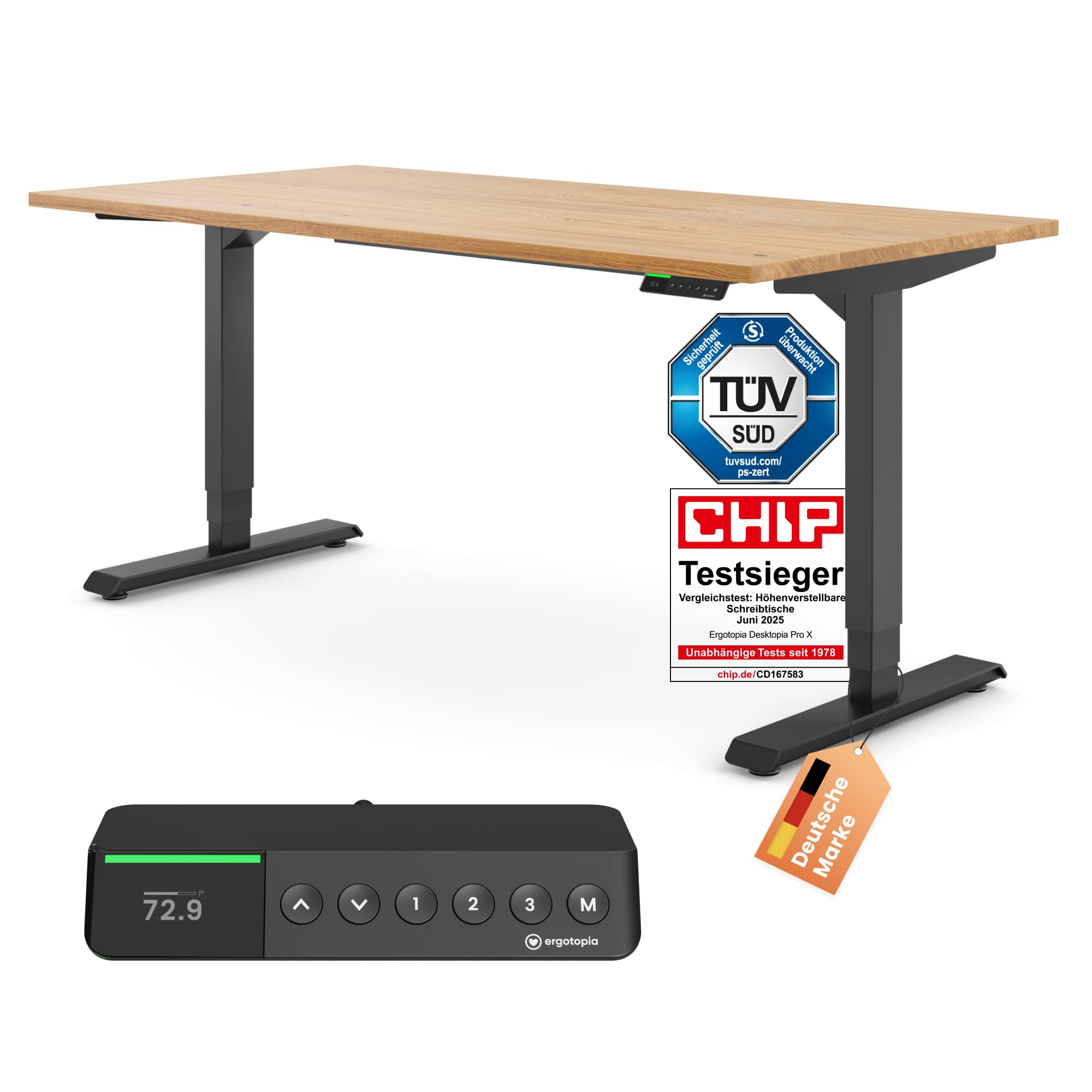 Ergotopia Desktopia Pro X Scrivania Elettrica con Altezza Regolabile con Garanzia di 7 Anni, Scrivania Ergonomica con 9 Posizioni Memorizzate (Piano: Rovere Massiccio, Struttura: Nero, 160 x 80 cm)