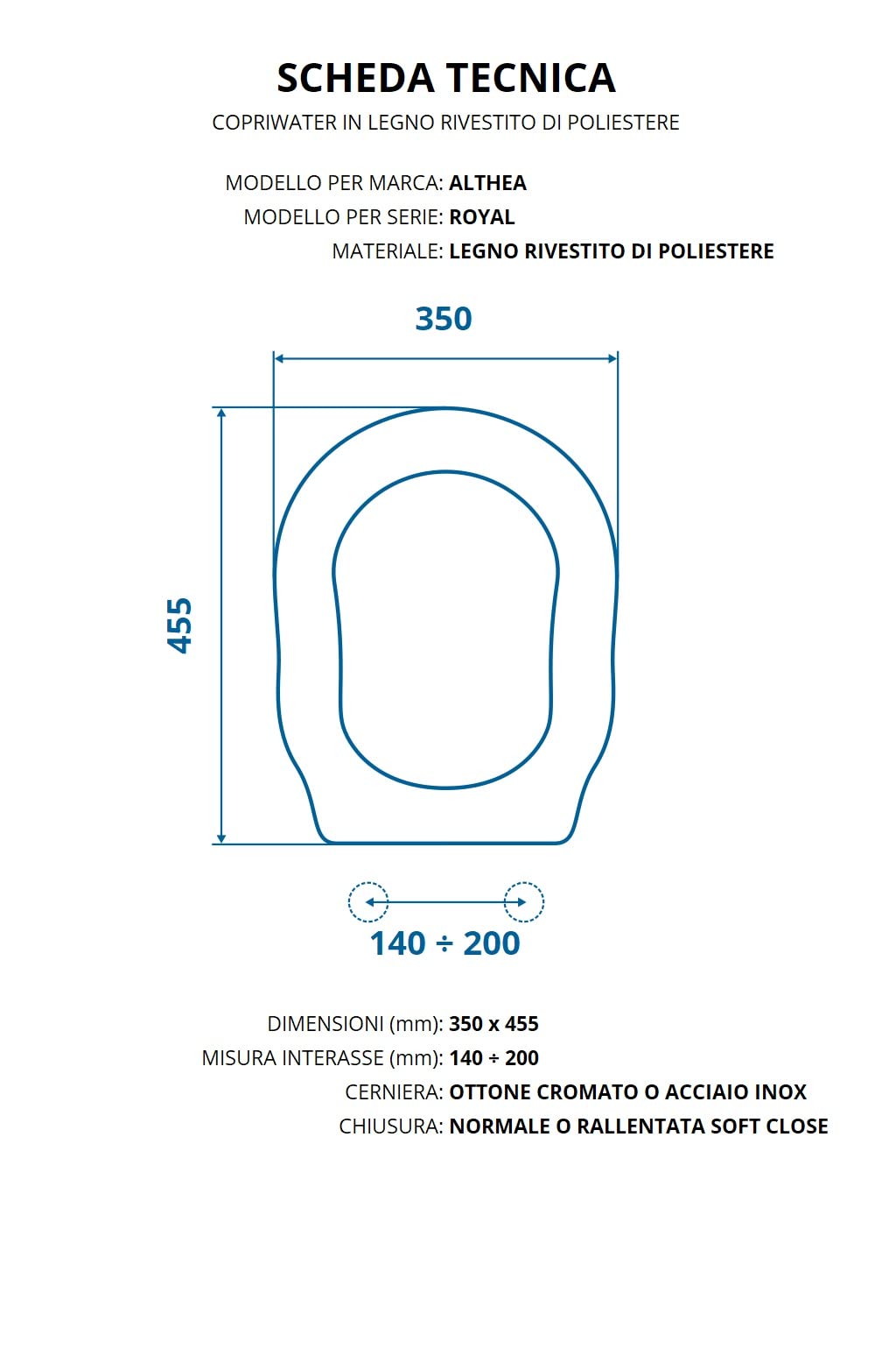 Asiento de inodoro dedicado para ALTHEA Royal madera poliéster bisagra inoxidable
