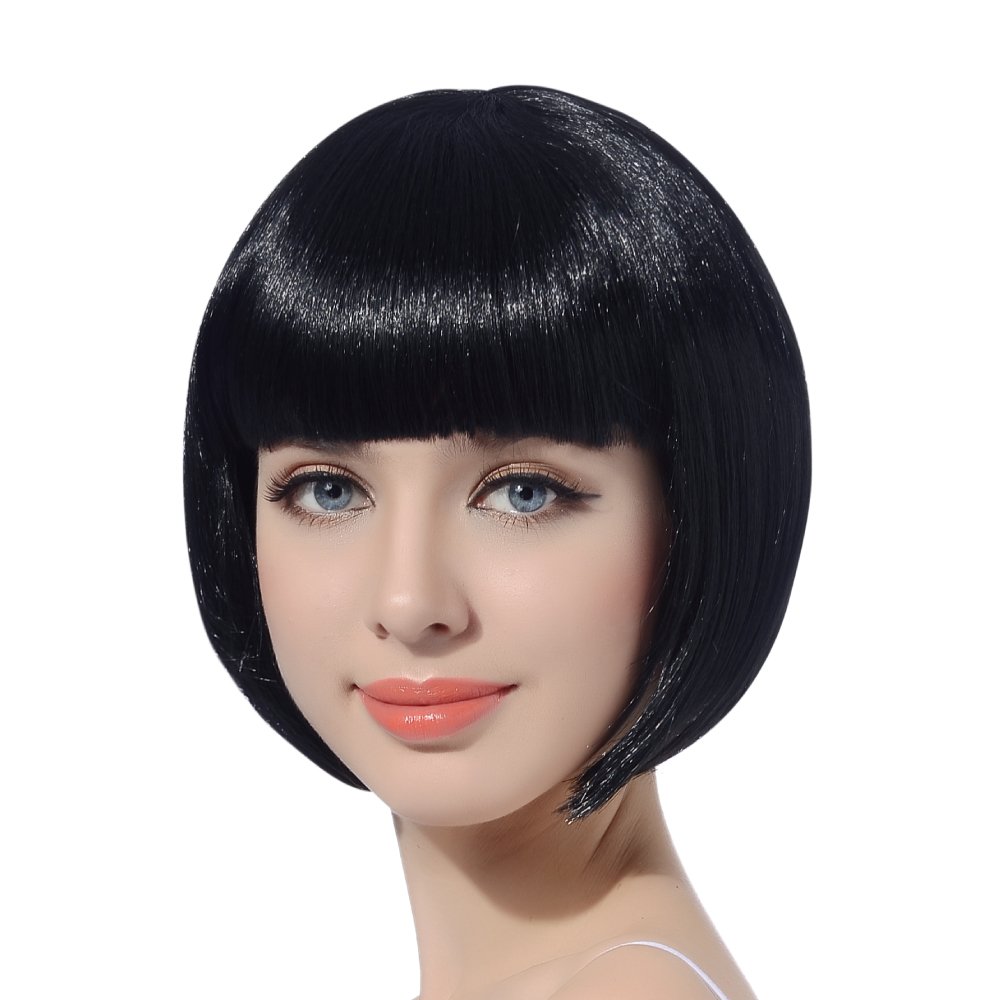 FREE BEAUTY Black Short Bob Flapper Cosplay Wig-Synthetic Costume Women's Natural Looking Halloween Party Christmas Bangs Wigs