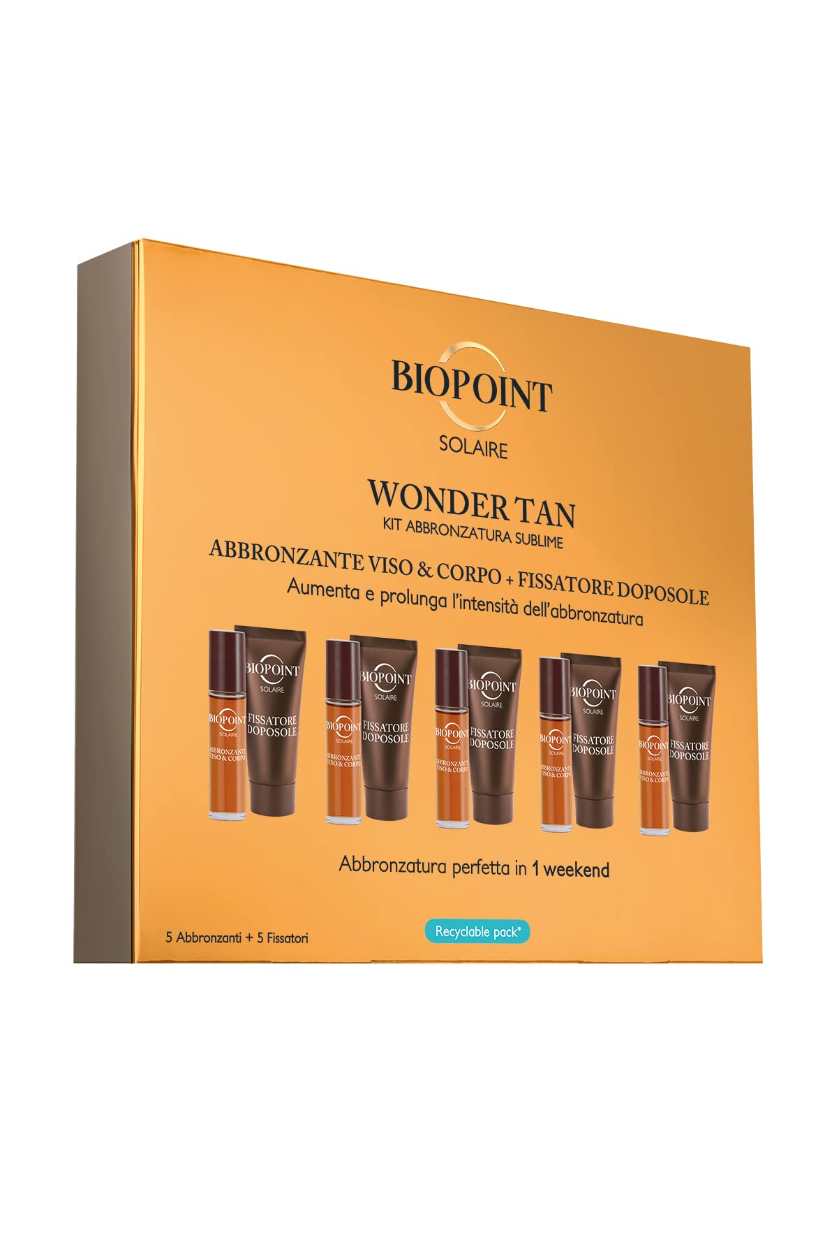 Biopoint Solaire - Wonder Tan Kit, Abbronzante Rapido, Olio Abbronzante Viso & Corpo SPF6 10 ml (x 5) + Fissatore Doposole 20 ml (x 5), Abbronzatura Perfetta in Pochi Giorni, Formato da Viaggio