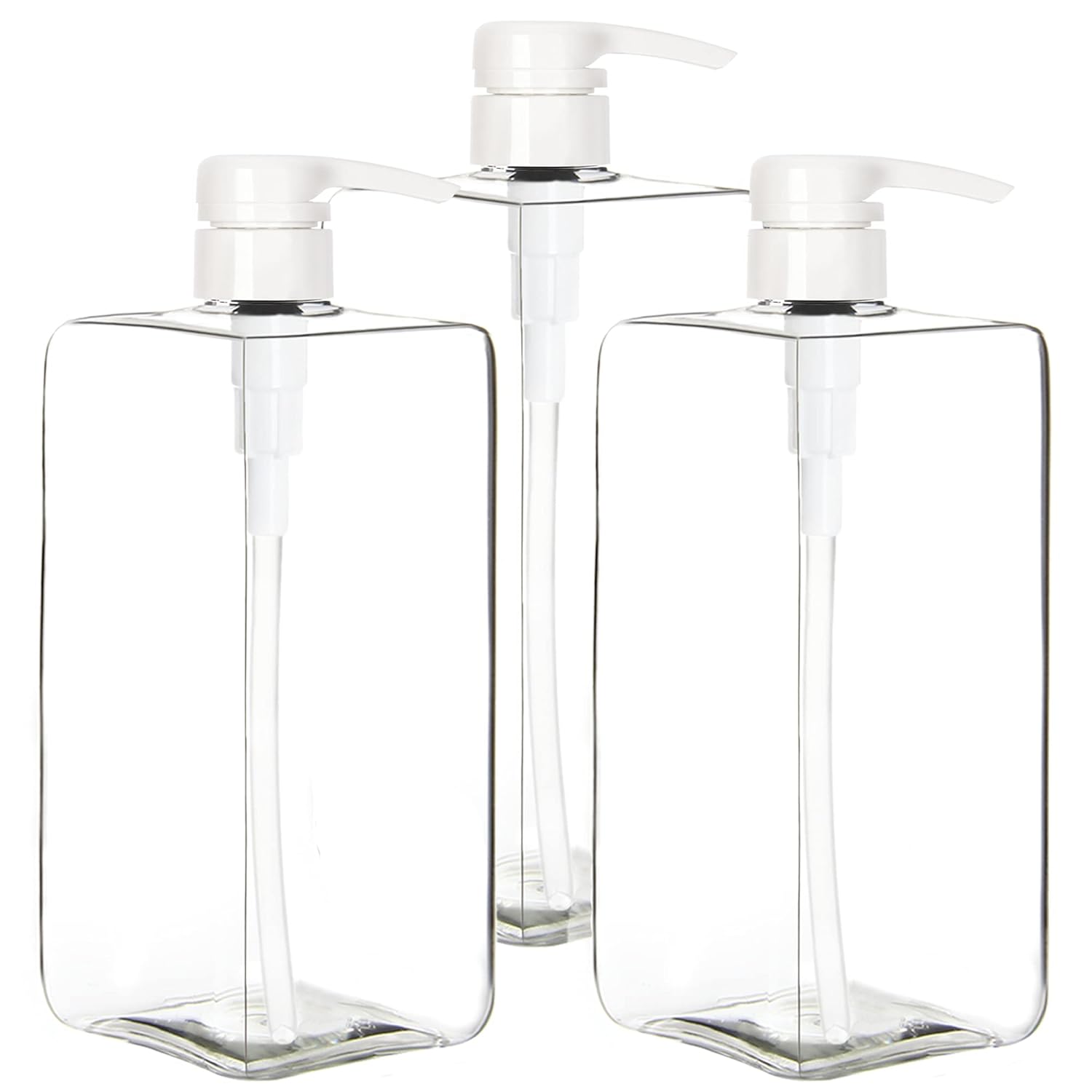 Youngever 3 Pack Pump Bottles for Shampoo 32 Ounce 1 Liter Square Empty Shampoo Pump Bottles Plastic Cylinder