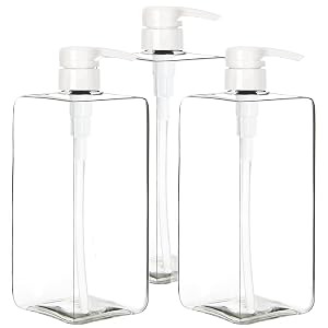 Youngever 3 Pack Pump Bottles for Shampoo 32 Ounce 1 Liter Square Empty Shampoo Pump Bottles Plastic Cylinder