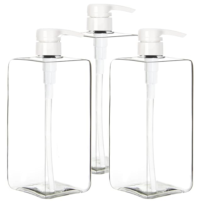 Youngever 3 Pack Pump Bottles for Shampoo 32 Ounce 1 Liter Square Empty Shampoo Pump Bottles Plastic Cylinder