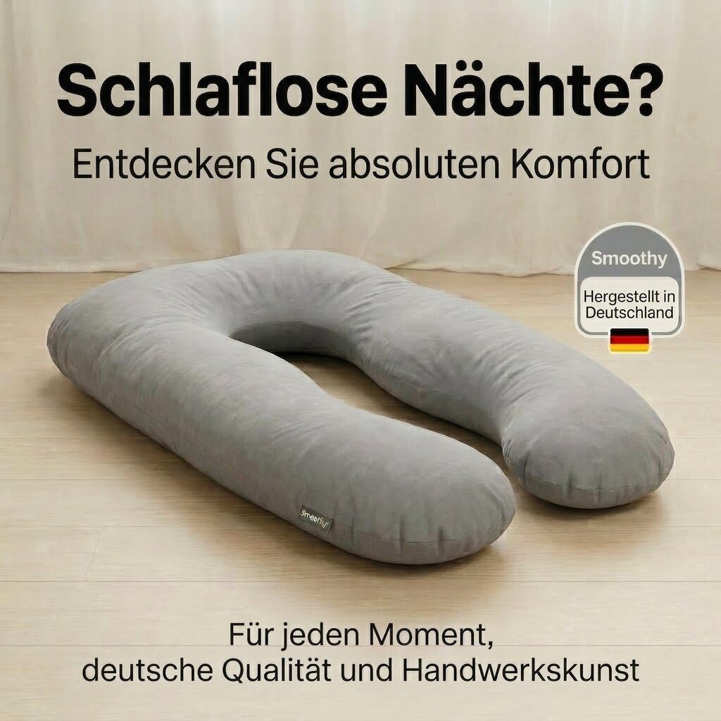 SMOOTHY XXL Schwangerschaftskissen Seitenschläferkissen U-Form 150x80 cm 100% Baumwolle Grau