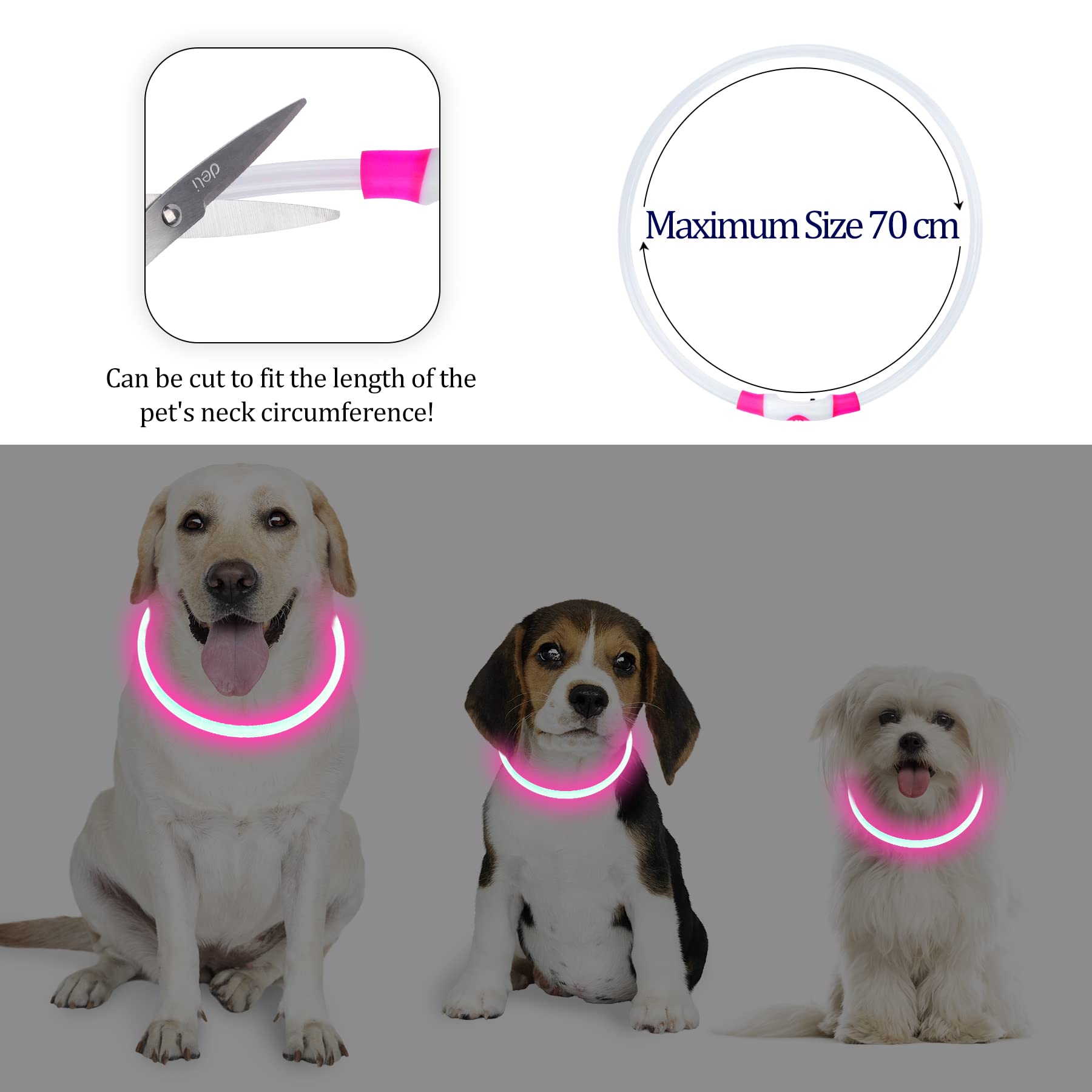 Coolzon Collare Luminoso per Cani USB Ricaricabile, Collare Cane Luminoso Impermeabile con 3 Modalità Di Luce, Regolabile Collare LED per Cani Gatti Taglia Piccola Media Grande, Rosa