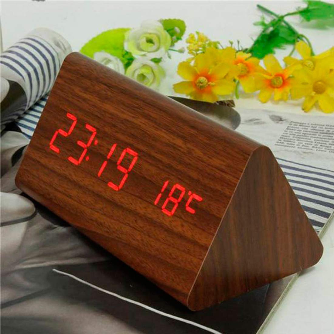 LNTTTECH Wooden LED Digital Desk Alarm Triangle Shape Mini Clock with Sound Sensor (Multicolour)