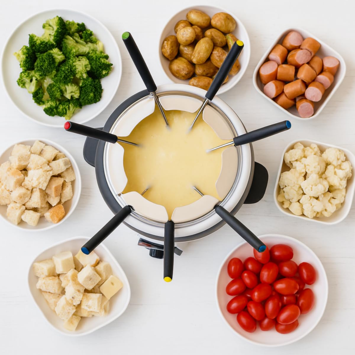 Deluxe Appareil á Fondue électrique 800W – Caquelon de 2L pour 6 Personnes - Convient pour Fromage et Chocolat – Incl. Fourchettes – Température Réglable