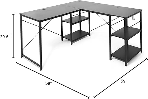 Miniatura 3 de CAPHAUS Escritorio para computadora, escritorio de oficina en casa en forma de L de 59 pulgadas con estantes de almacenamiento de 2 niveles,