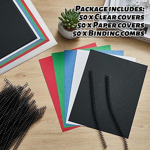 Ctosree 50 Sets Binding Covers and Combs Kit 50 8.5 x 11 Inches Clear PVC Binding Covers 50 Spiral Binding Combs 50 8.5 x 11 Inches Color Paper Covers for File Presentation Report Paper - Thumbnail 3