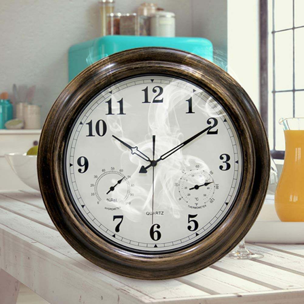 Zewnętrzny zegar ścienny, metalowy zegar ścienny retro, wodoodporny zegar ogrodowy z termometrem i higrometrem, odpowiedni do salonu, łazienki, basenu, 45 cm