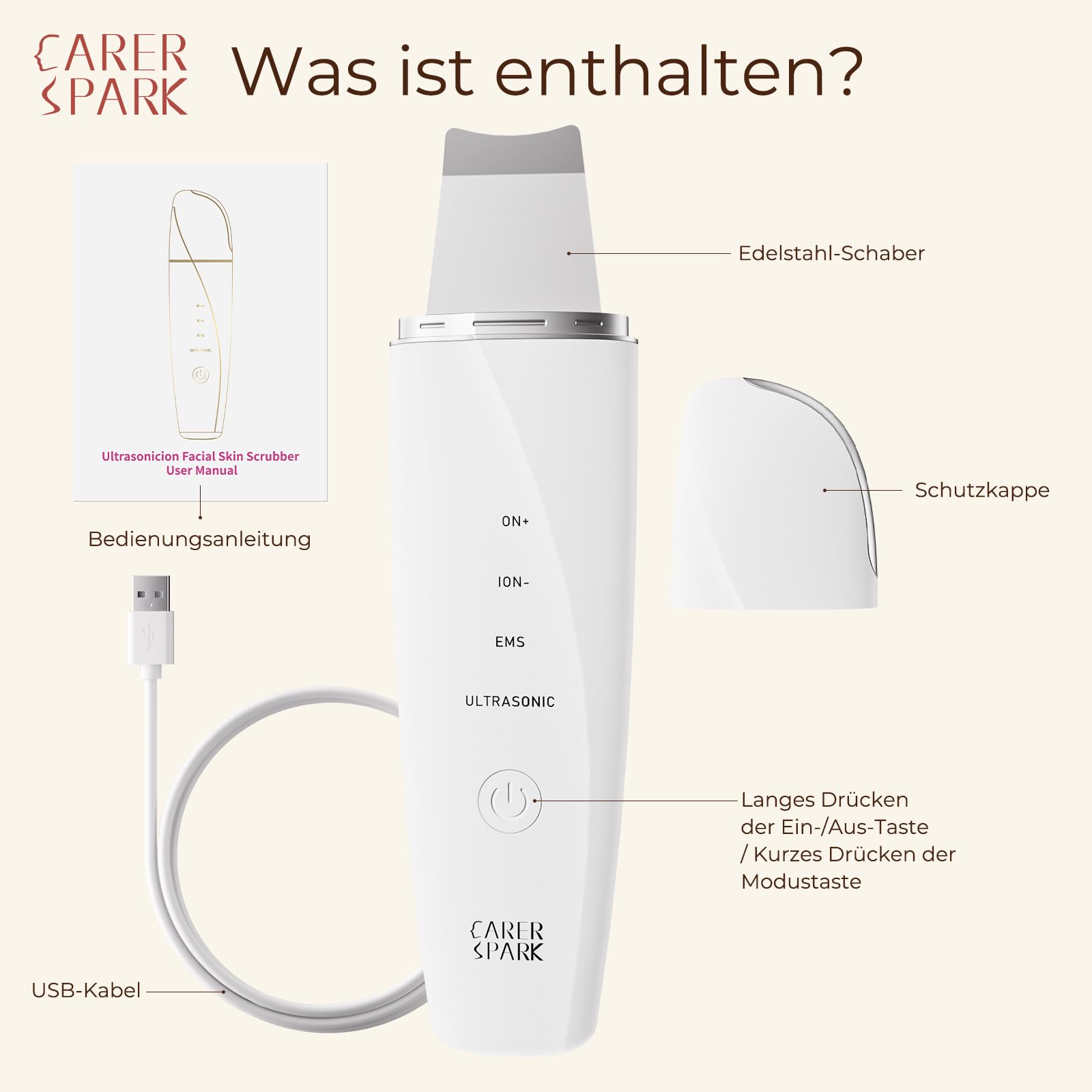 CARER SPARK Ultraschallpeelinggerät, Skin Scrubber Ultraschall EMS Ionisches Lichttherapie mit 4 Modi für Tiefenreinigung Mitesserentfernung und Sanftes Peeling USB Wiederaufladbares