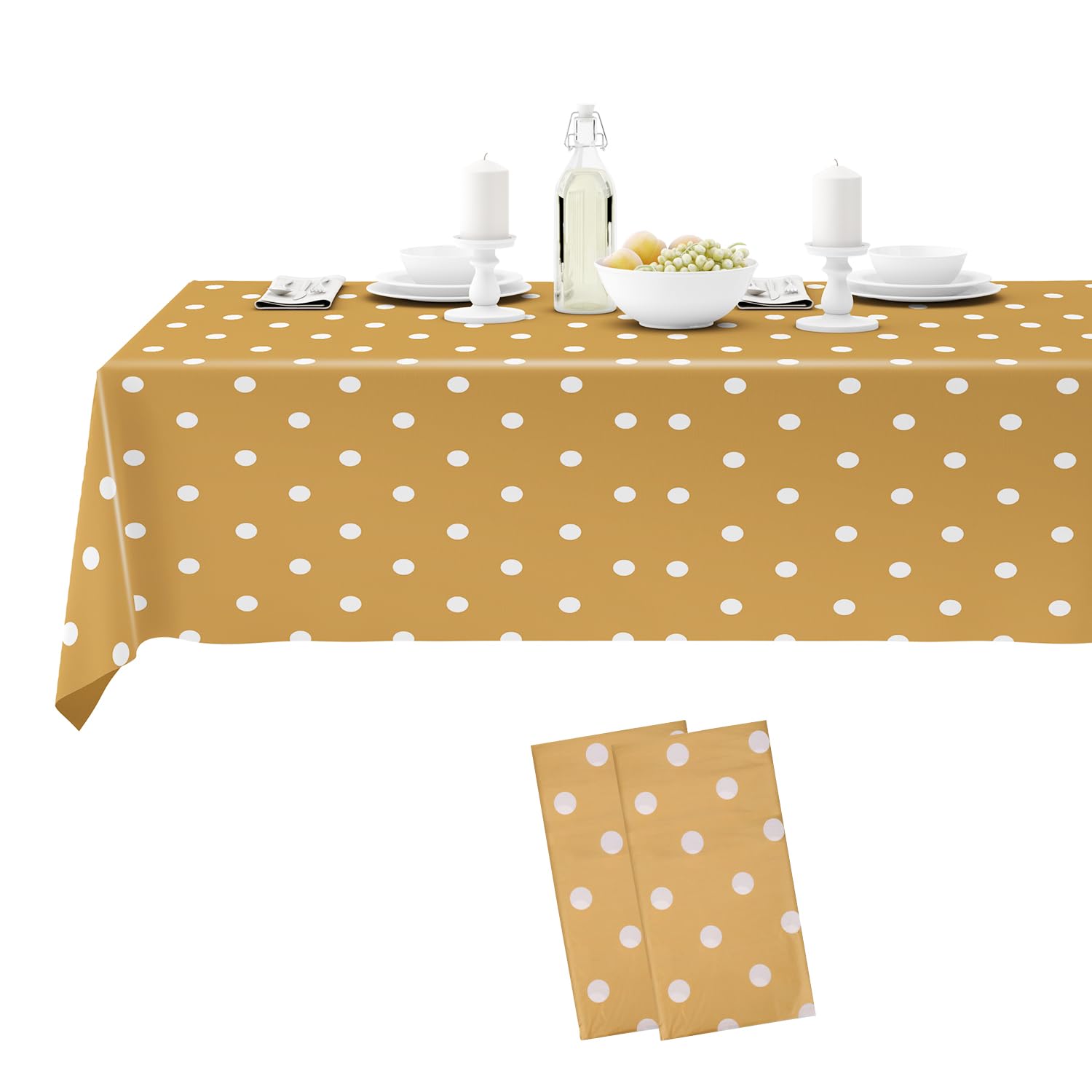 54"X 108" Polka Dots Disposable Plastic Table Cover - Waterproof, Spill-Proof, Rectangular Table Protector for Birthdays, Baby Showers, Outdoor Dinners, Picnics, Gold - Pack of 2