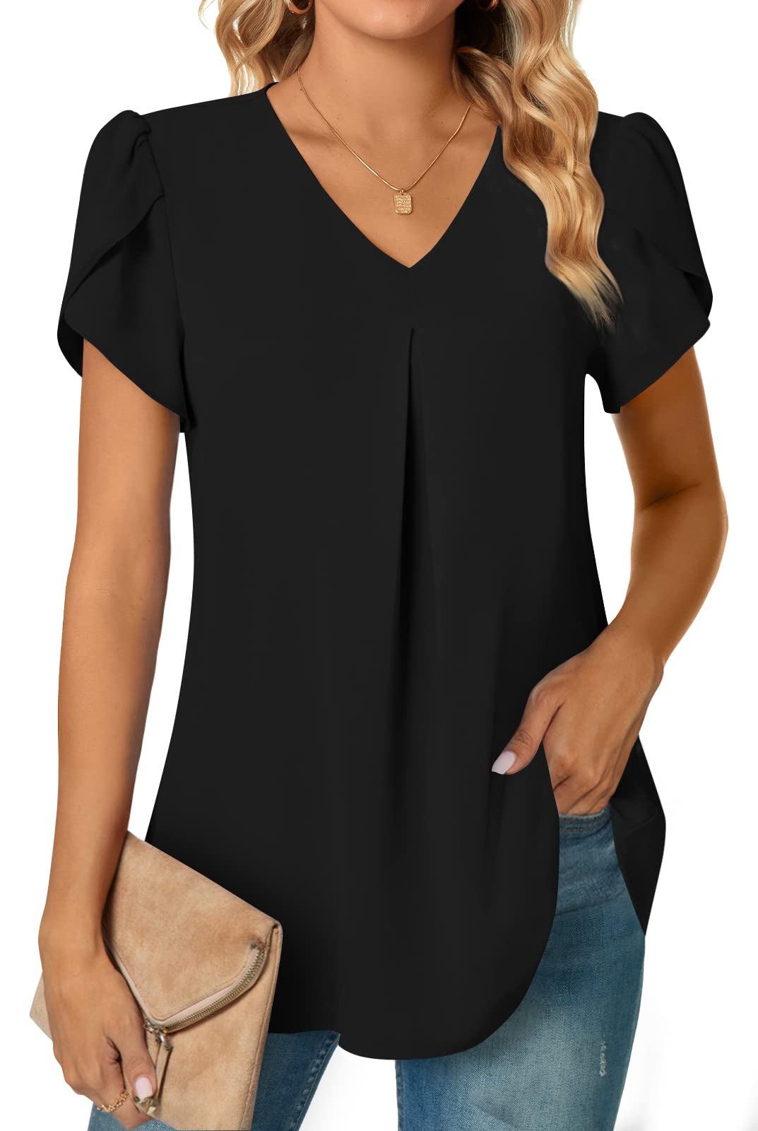 Anyally Women's Plus Size Summer Tunic Tops Dressy Casual Chiffon Blouses Short Sleeve T-Shirts for Leggings