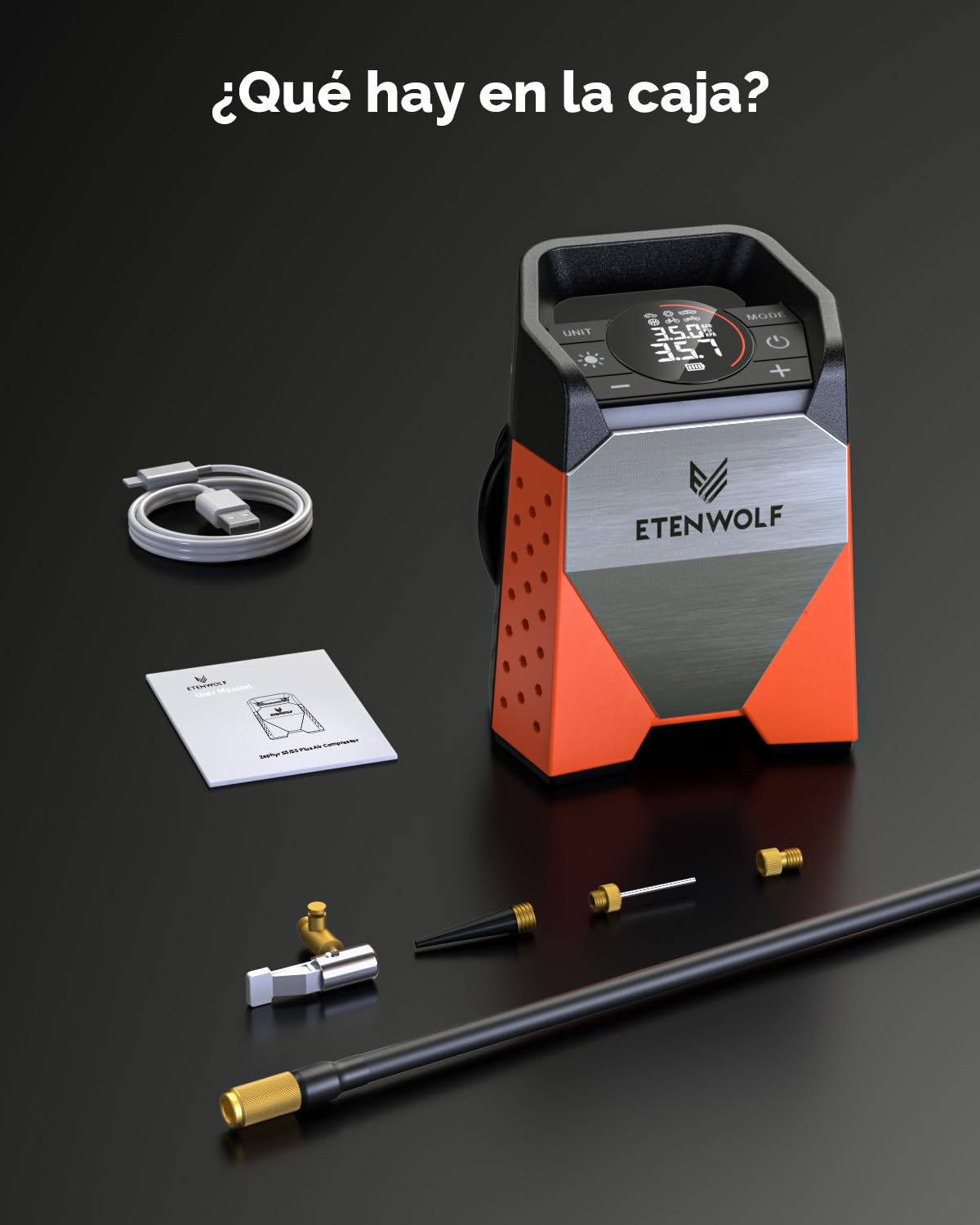 ETENWOLF Zephyr S3-7800mAh Compresor Aire Portatil, 160 PSI/11.03Bar Inflador Ruedas Coche, Motos, Bicicletas, Balones, Llenado Rápido de 1 Minuto y Luces LED Digitales, Banco de Energía USB