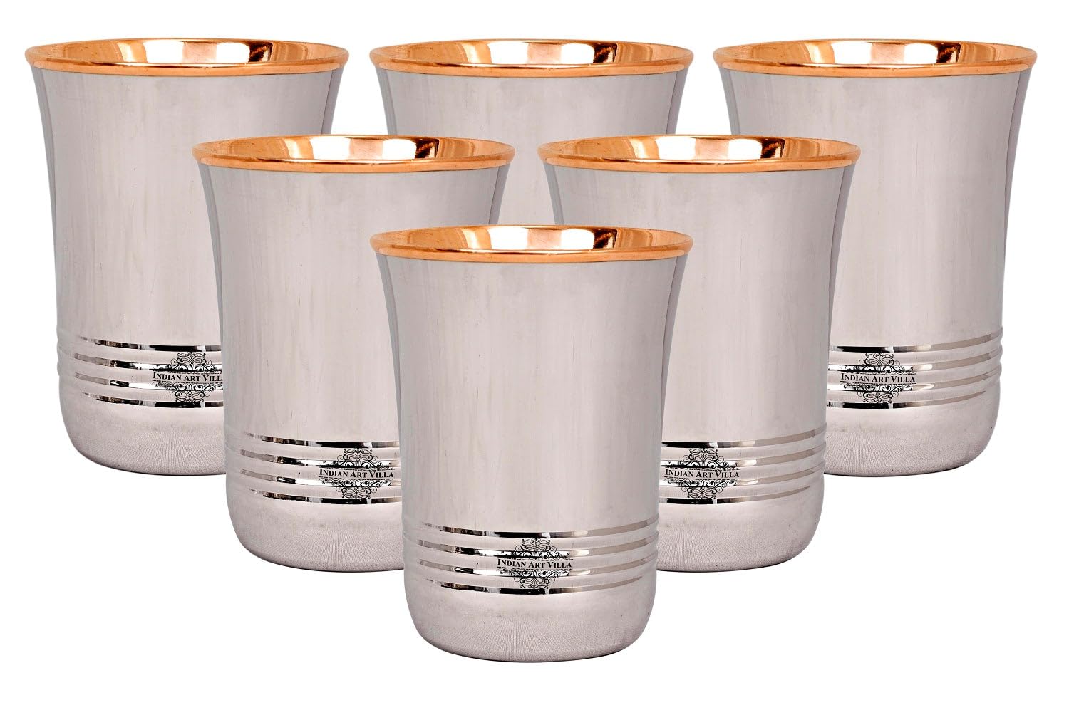 Indian Art Villa Steel Copper Glass Tumbler Cup Set Drinkware Home Restaurant 8 OZ Each 6 Pieces