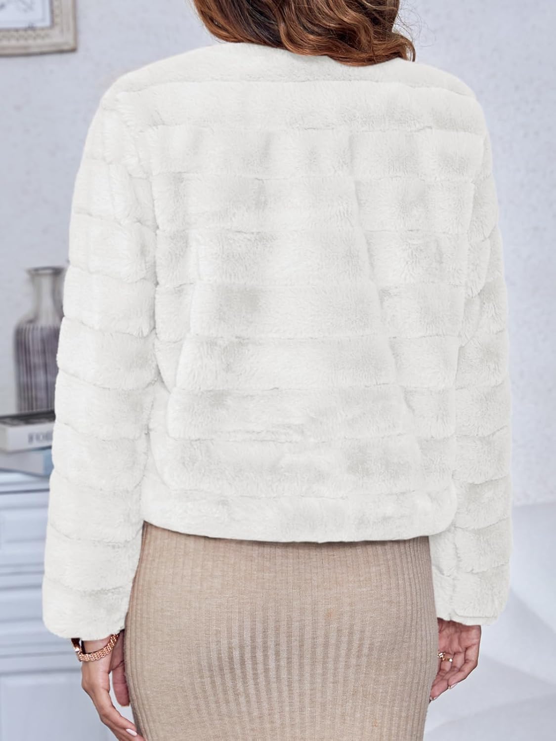 Fisoew Womens Cropped Faux Fur Jackets Long Sleeve Open Front Fluffy Short Coats - Image 2