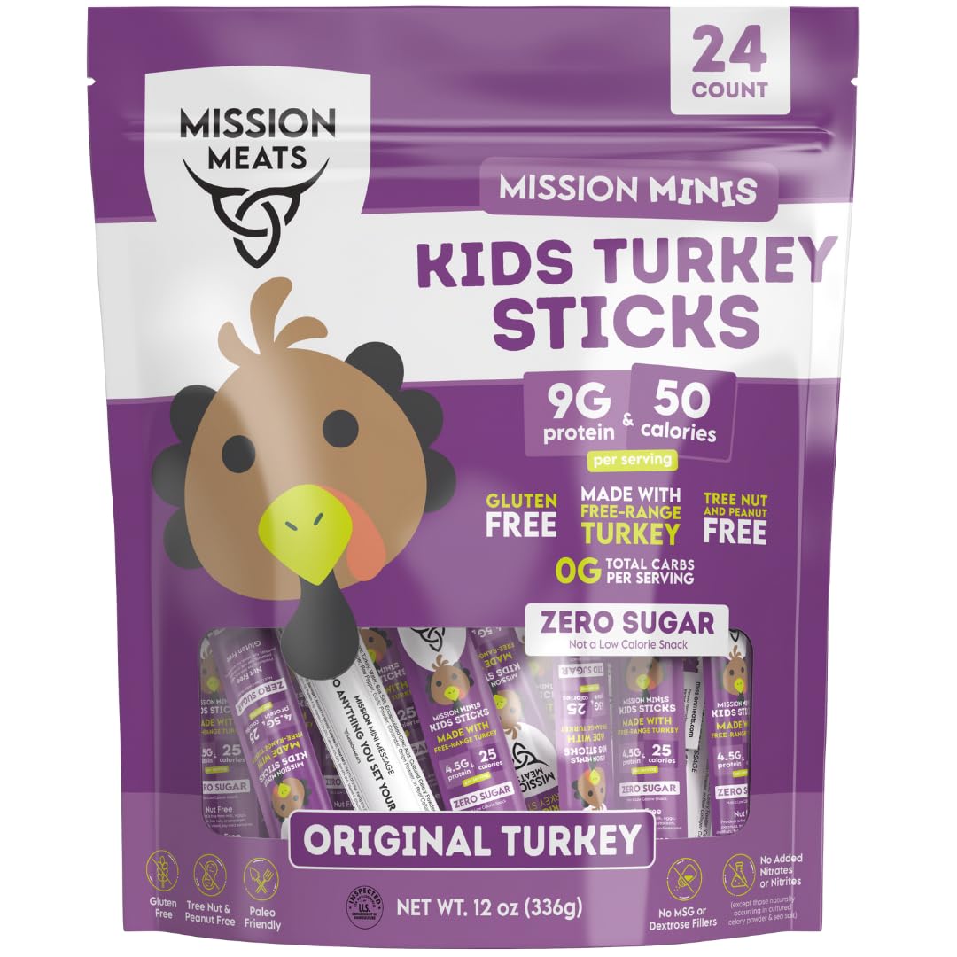 Mission Meats Kids Turkey Sticks – 100% Free Range, Healthy Snacks for Kids, Gluten & Nut Free, 0.5oz, 24 Count (Pack of 1)