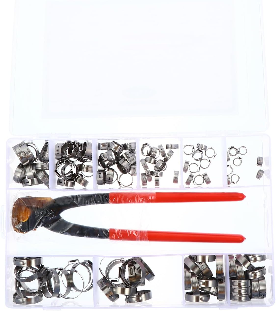 115pcs Stainless Steel Single Ear Hydraulic Hose Clamps with Pliers Kit Heavy Duty Pipe Clips for Fuel Gas and Automotive Hose Sealing