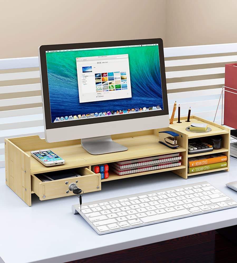 Support de Moniteur en Bois avec tiroir verrouillable éère de Rangement pour Bureau, Plate-Forme d'écran pour Ordinateur, PC, Meuble TV