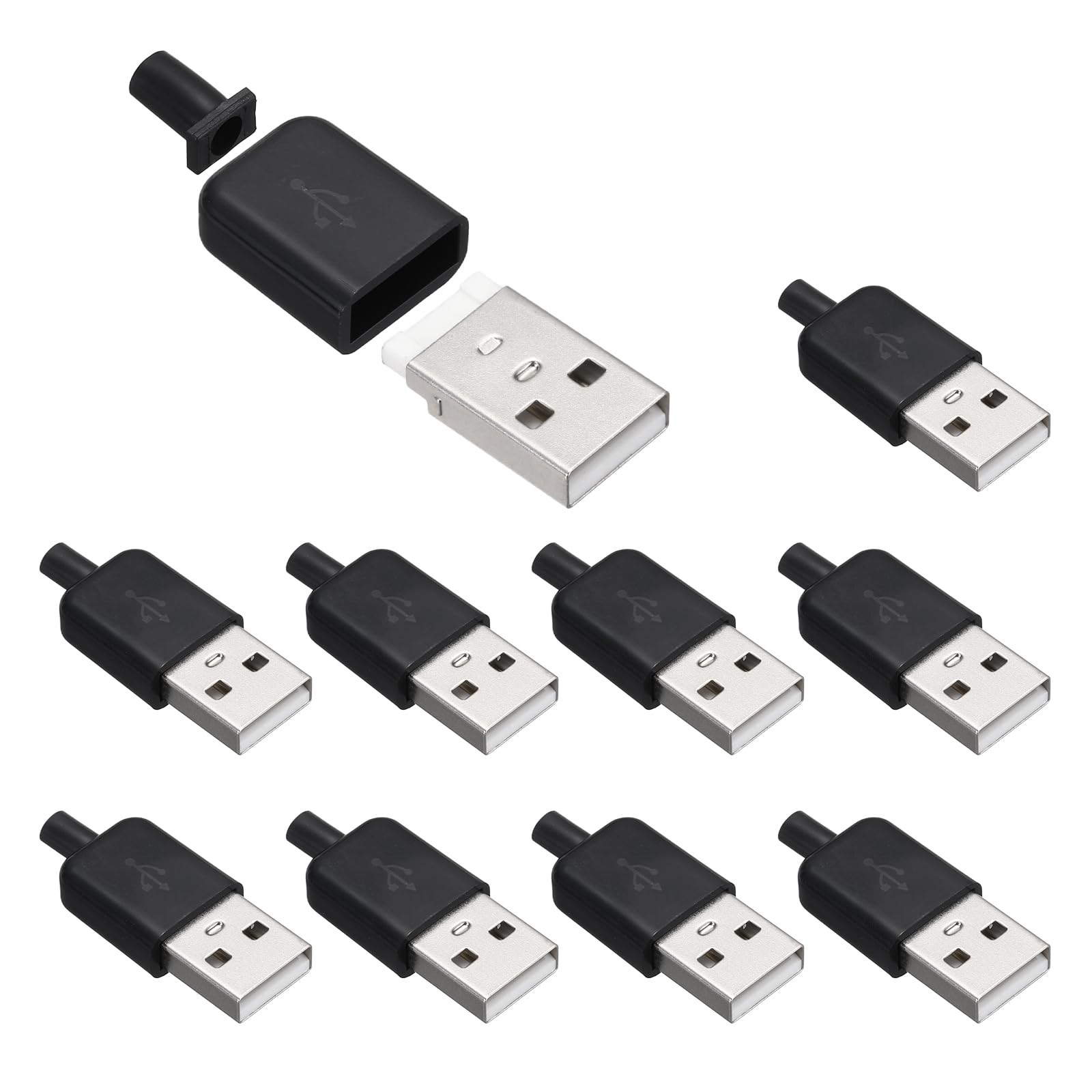 sourcing map 10Pcs USB 2.0 Type A Male Plug Connector, 4 Pin Solder Terminal with 3mm Cable Hole for DIY Cable Repair Kit, Power Supply, Microcontroller Projects, Black, 36.5x14.8mm