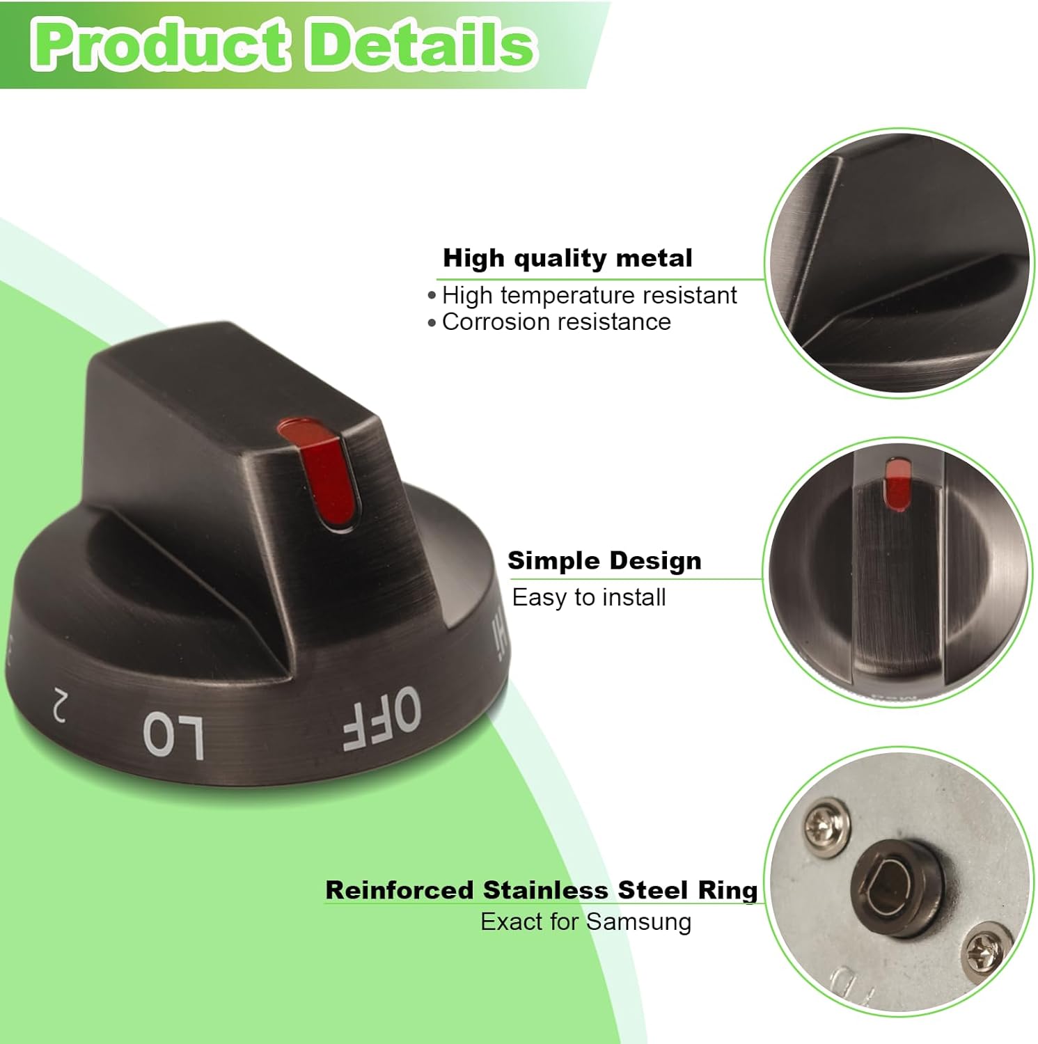 DG64-00975A 001 Gas Stove Knobs Replacements, 5 Pack Metal Oven Knobs Compatible with Samsung NE/NX9000T NX60T8511SS/AA NX60BB871112AA NX60T8511SG/AA Gas Range Knobs etc