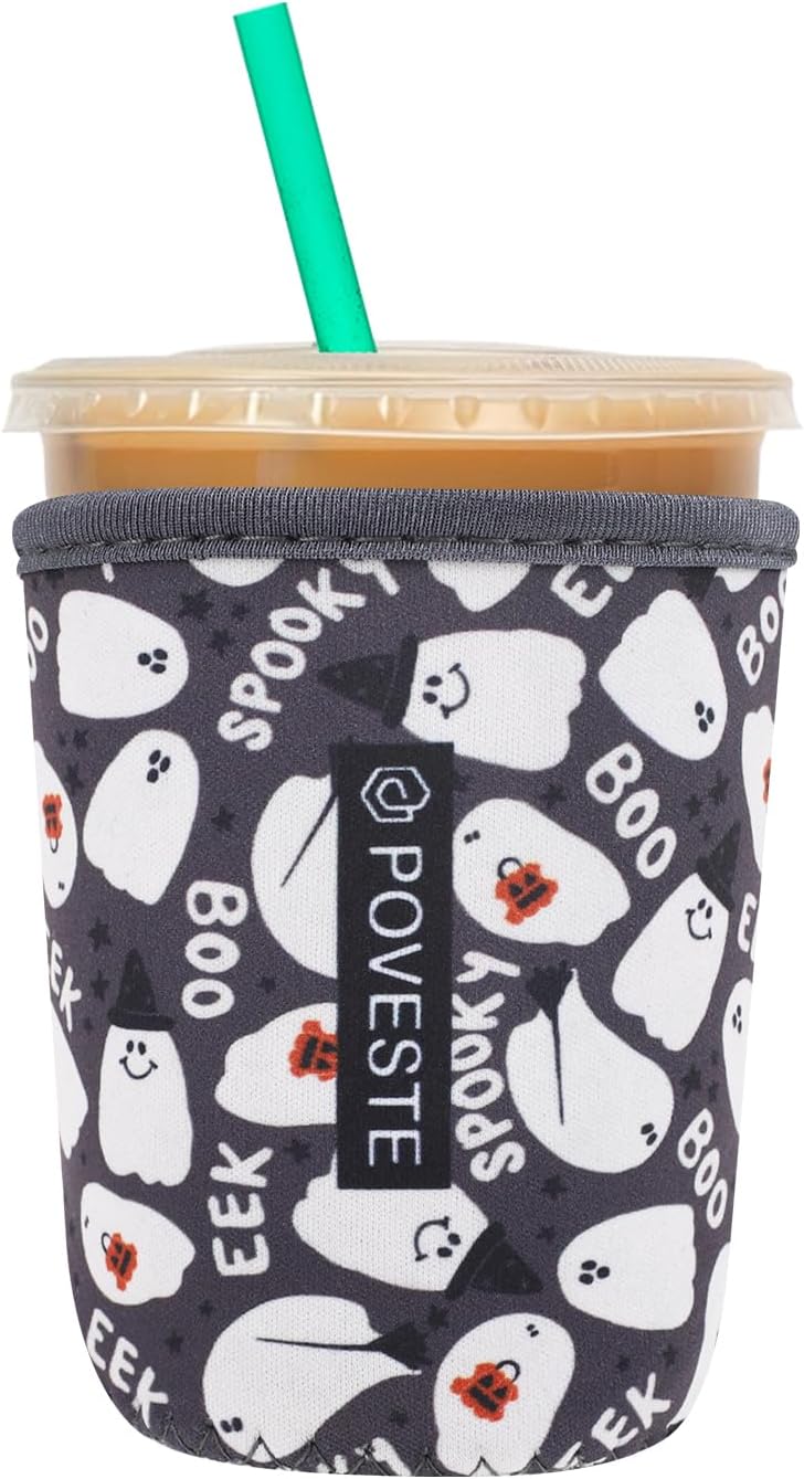Reusable Neoprene Insulator Sleeve for Iced Coffee & Cold Soda, Coffee Sleeves for Iced & Hot Drinks, Cold Beverage Cooler Compatible with Starbucks, Dunkin (Halloween Boo, Small: 16-18oz)