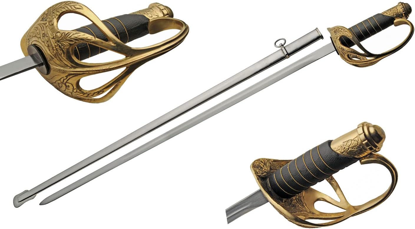 SZCO 32" Officer Ceremonial Sword - Brass Guard, Leather Grip, Steel Scabbard Military Dress Replica for Reenactments, Cosplay & Display